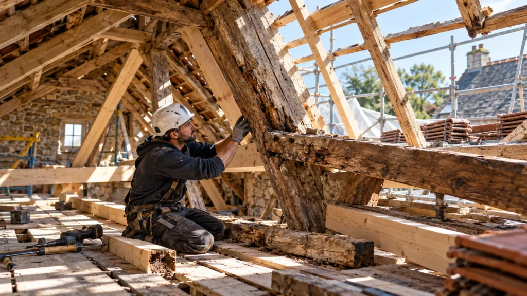 Contrôle de la charpente pendant une rénovation complète de toiture
