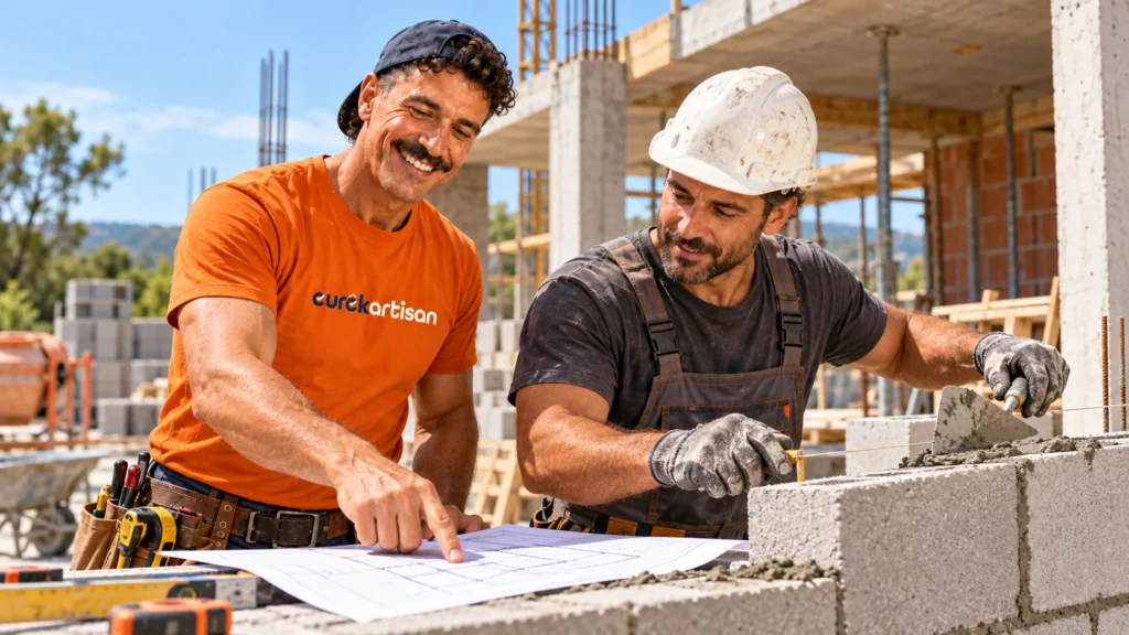 Maçon réalisant des travaux de gros œuvre sur un chantier de maison